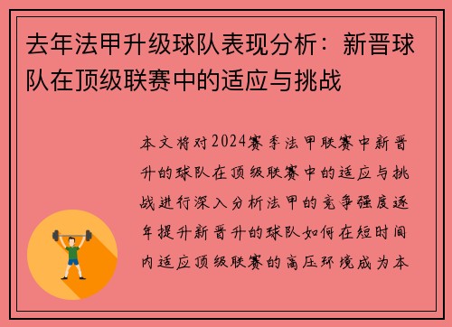 去年法甲升级球队表现分析：新晋球队在顶级联赛中的适应与挑战